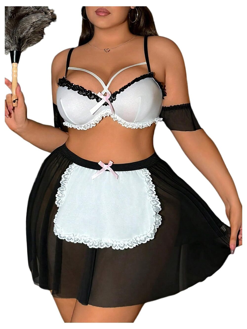 5290 Plus Size 3 Piece Maid Outfit Lingeire Set Floral Lace See Through